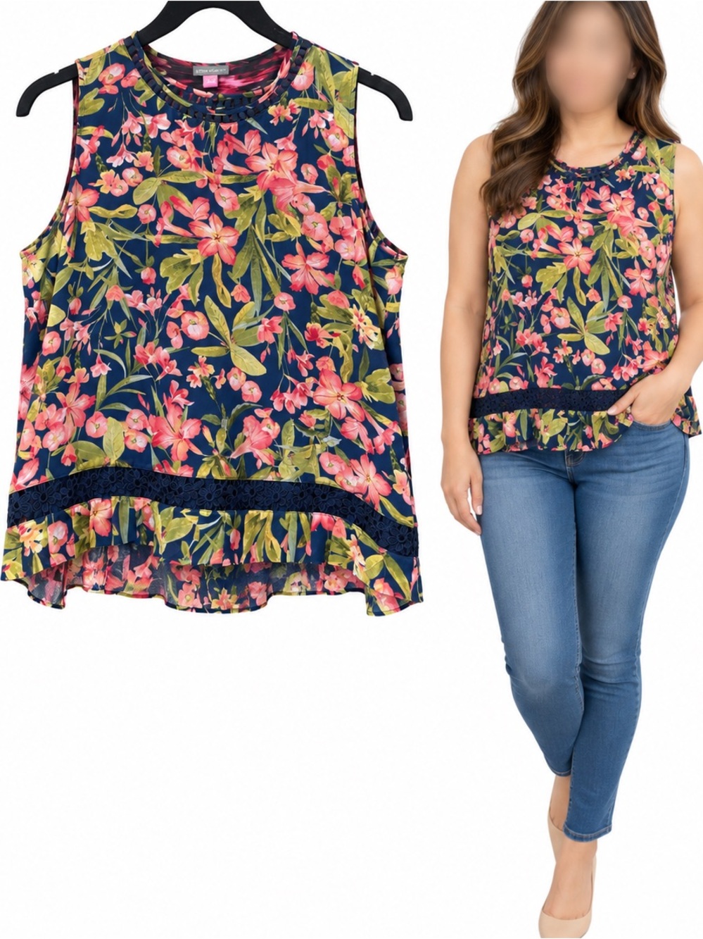 Karl Lagerfeld Sleeveless Floral Ruffle Hem Top - Navy with Pink Floral